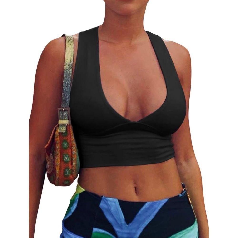 AEPEBO Plunge V-Neck Sleeveless Racerback Cropped Tank Top in Black Size XS